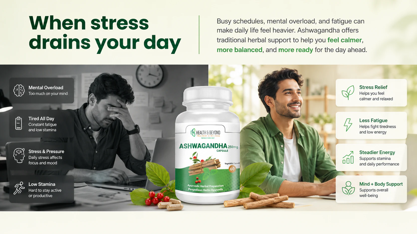 When stress drains your day section describing Ashwagandha support for calm, balance, focus, energy, and mood.