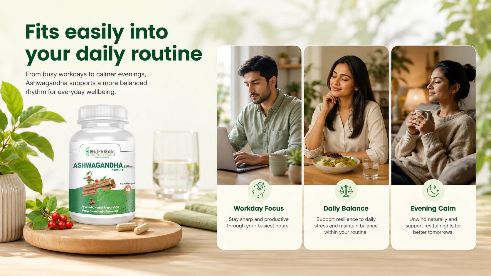 Fits easily into your daily routine section showing workday focus, daily balance, and evening calm with Ashwagandha.