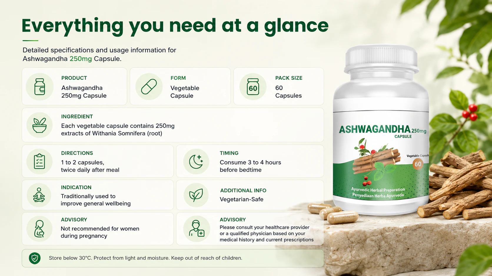 Product information section for Ashwagandha 250mg capsule with pack size, ingredients, directions, timing, and advisory details.