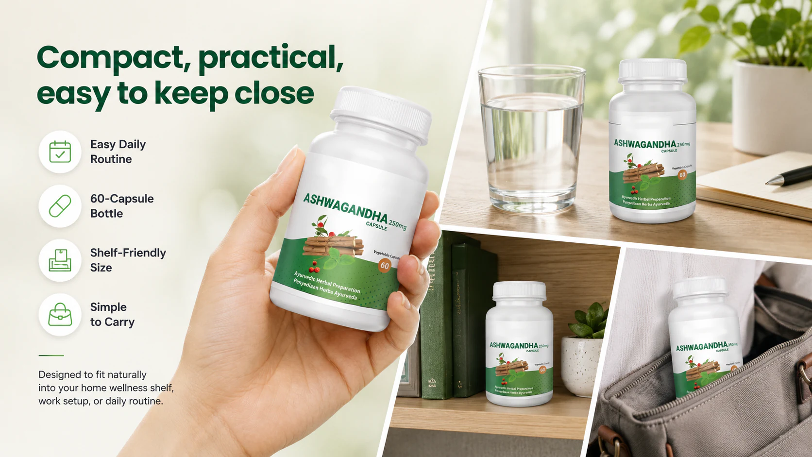 Compact practical Ashwagandha bottle shown in hand, near a glass of water, on a shelf, and in a bag.